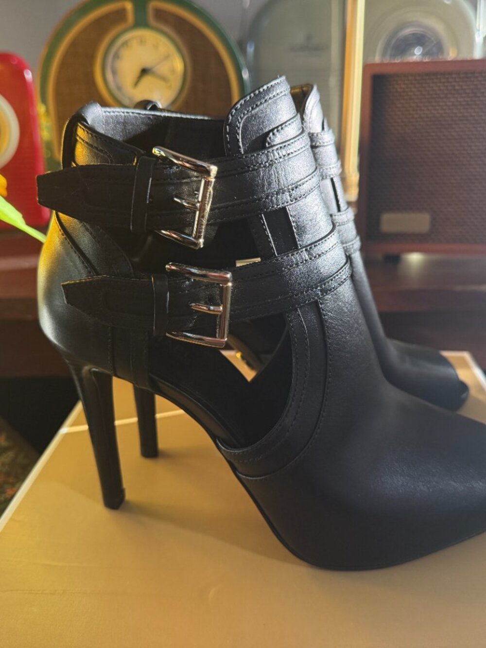 NWOT Michael Kors Blaze Open Toe Leather Booties |Black |Size 6 |Buckle Stiletto - Picture 5 of 7